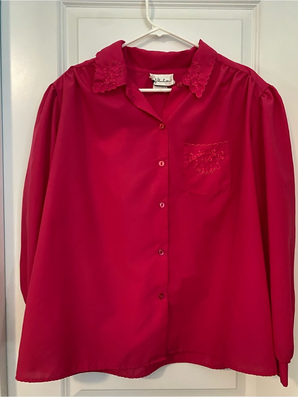 Vintage Lady Manhattan Plus fuchsia pink embroidered secretary blouse.